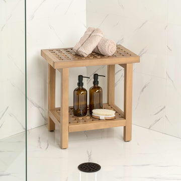 Armin 18.1" Modern Classic Grid Slat Solid Acacia Wood Indoor/Outdoor Shower Stool